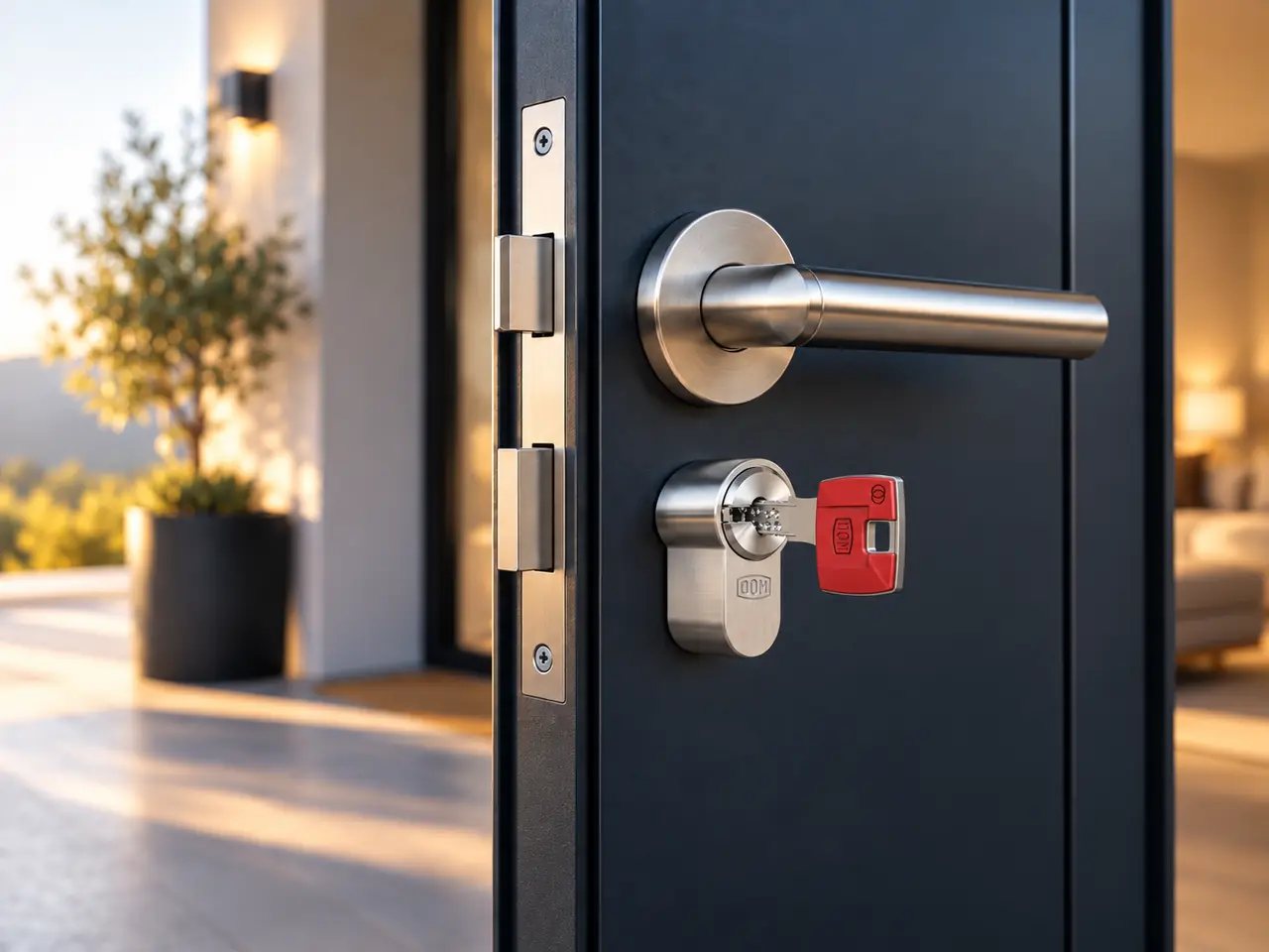 Cerradura de seguridad con cilindro y llave DOM instalada en puerta moderna