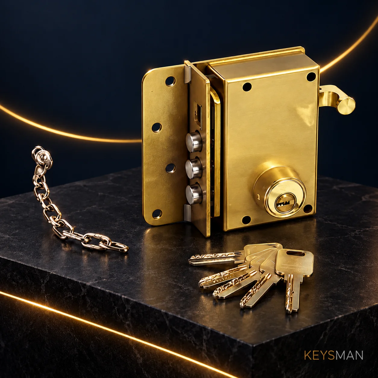 Cerradura UCEM de sobreponer en acero sobre pedestal oscuro para Keysman Mallorca